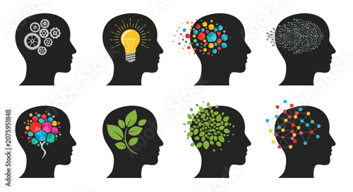 Human head silhouettes with various thought processes and ideas.