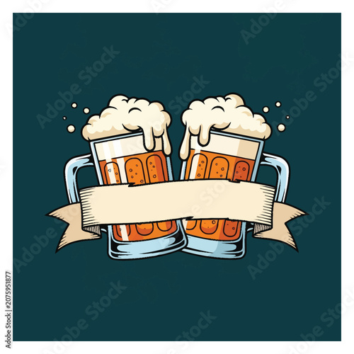 Two frothy liquid refreshment drinks in clear containers with handles and a banner for text creating a celebratory toast for good times and social gatherings with friends