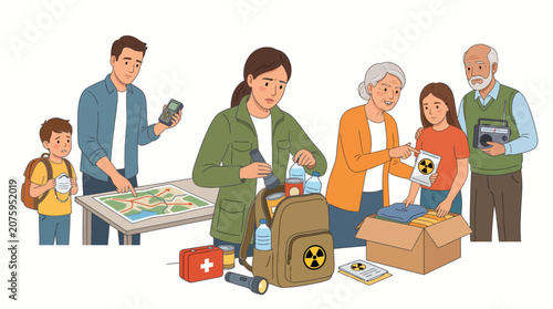 Tableau sur toile A diverse family with children and elderly members preparing emergency supplies in a room with a map and luggage