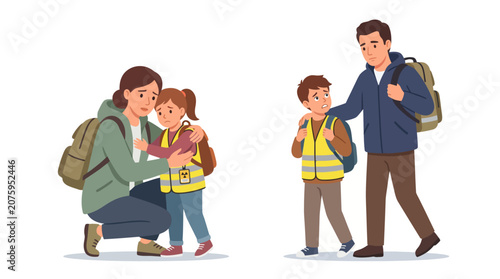 Slika na platnu Illustration of a family with two parents and two children wearing backpacks and safety vests against a clean white background