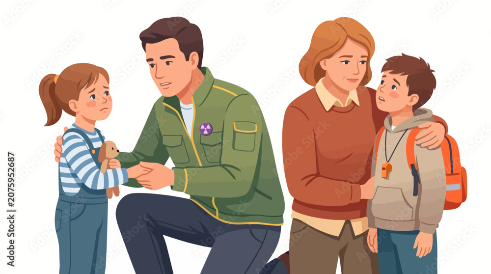 Fototapeta premium Illustration of a man kneeling and giving a girl a badge as a woman and a boy watch on with a plain white background.