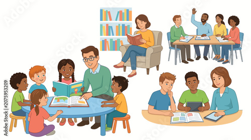 Foto Illustration of diverse groups of children and adults engaged in reading and learning activities in a classroom setting with a white background