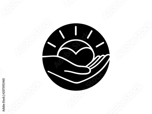 mental health care logo han holding sun and heart healing hope community badge vector hands black sun black