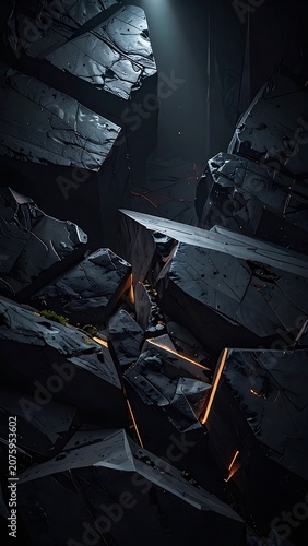 Abandoned spaceship in dark cave.
