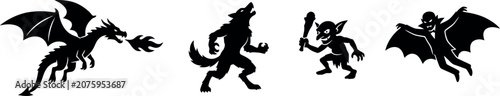 Φωτογραφία Halloween day creatures dragon werewolf vampire and monster silhouettes