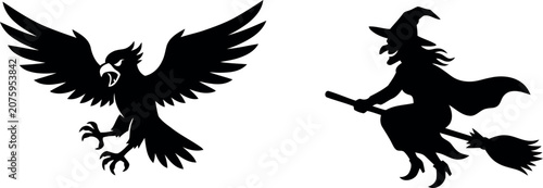 Schilderij op canvas Halloween day silhouette of witch riding broomstick with eagle