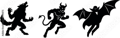 Fotografie Halloween day creatures werewolf devil and vampire silhouettes