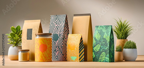 Colorful packaging designs showcase vibrant jars and bags for modern eco friendly product branding