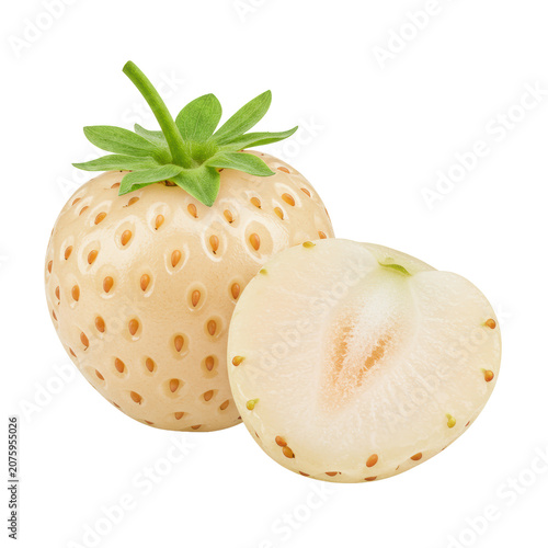 Extreme close-up macro of two photorealistic fresh pineberries on a pristine transparent background, one whole with green stem, one sliced revealing white interior with yellow achenes, delicious