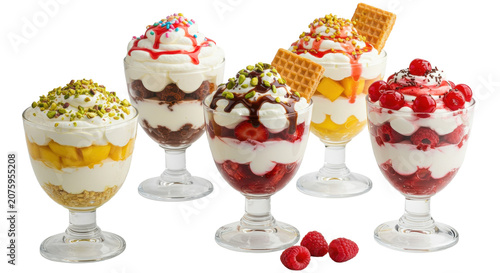 Six decadent yogurt parfaits, vanilla, chocolate, strawberry, fruit, with whipped cream, nuts, fruit, waffles, cherries in clear bowls on white, studio lighting, gourmet indulgence