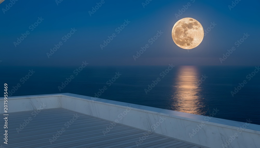Fototapeta premium Giant August full moon rising as a supermoon over a calm ocean with golden reflection, viewed from a modern luxury terrace for a peaceful celestial night concept