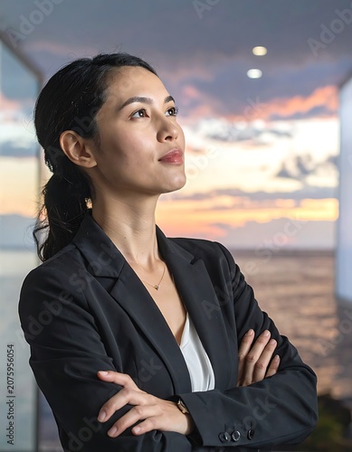 Confident businesswoman looking out window sunset.