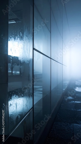 Dark glass wall with bright light.
