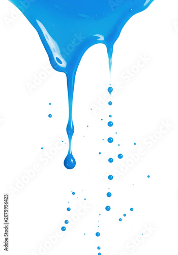 Rich, creamy, viscous blue liquid forms cascading streams, spherical drops, and splatters, frozen mid-drip against a transparent background with copy space, luxury product concept