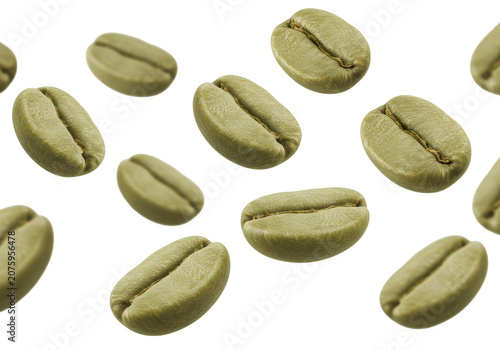 Macro shot of plump, vibrant light green unroasted coffee beans, showing central grooves, floating against a bright, transparent background with soft shadows, concept for natural purity advertising