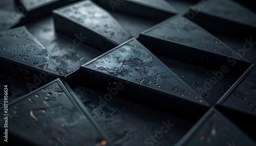 Dark geometric shapes with sharp edges.