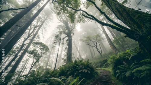 Forest Canopy with Towering Trees and Lush Ferns at Dawn