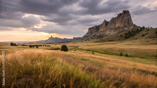 Scenic Limestone Cliffs Above Rolling Grasslands Under Cloudy Sky