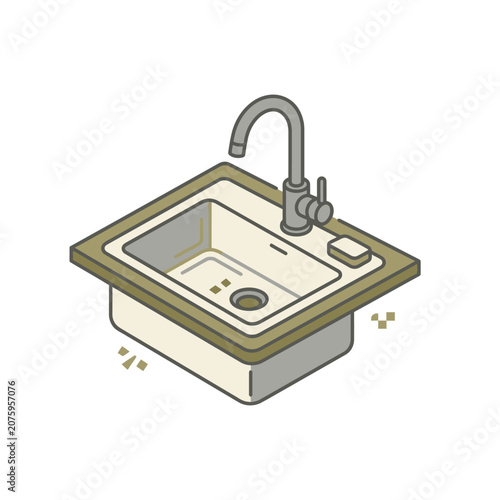 Isometric illustration of a modern kitchen sink with a faucet.