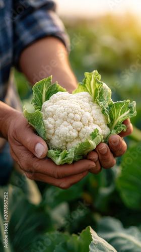 Holding fresh cauliflower in a sunny vegetable field during harvest time