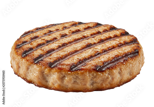 A perfectly grilled, thick, round chicken hamburger patty, dark char marks, glistening succulent surface, against a transparent background with copy space, studio shot. Concept for fast food