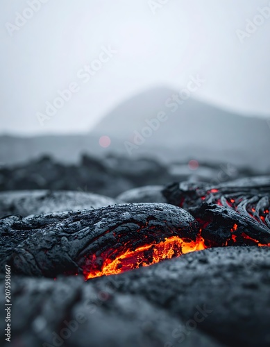 Glowing lava on volcanic rock landscape.