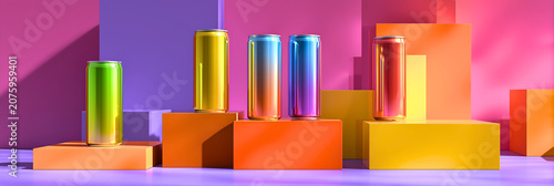 Colorful beverage cans arranged on tiered podiums in vibrant gradient lighting for modern branding