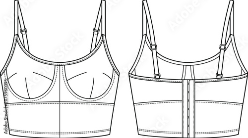 Принти на полотні Technical flat sketch of structured crop top bralette with shaped cups, curved s