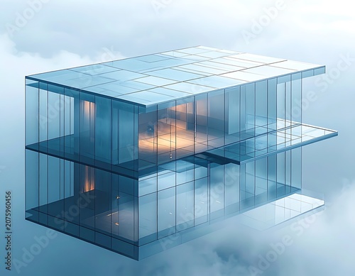 Modern glass building in cloudy sky.