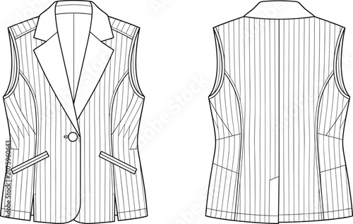 Schilderij op canvas Technical flat sketch of tailored sleeveless vest with notched lapel collar, sin