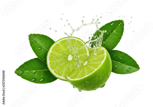 Vibrant green lime, freshly cut in half, suspended mid-air, juice explosively splashing outwards, glistening leaves, isolated on a transparent background with copy space, natural freshness concept