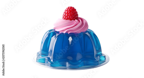 Blue jelly dessert with pink whipped cream and raspberry on top
