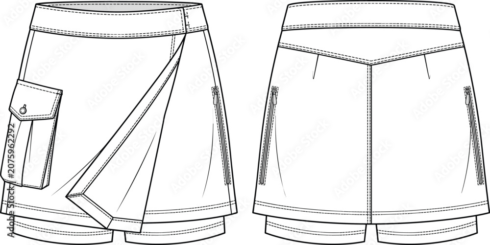 Obraz premium Technical flat fashion sketch of skort with overlapping skirt panel, flap pocket, zippered back pockets, and layered construction details