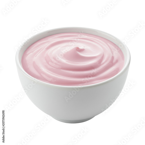 transparent ceramic bowl filled with glossy pink strawberry Greek yogurt, delicate swirls, soft peaks, isolated against transparent background with copy space, concept for premium dairy advertising
