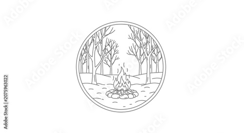 campfire in forest, camping illustration