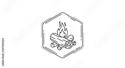 campfire, logs, flame, hexagon, icon