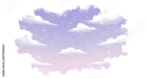 Soft purple clouds with pink sunset gradient and white snowflakes
