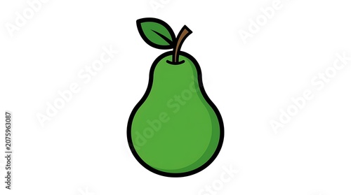 Single green pear with leaf on stem isolated.