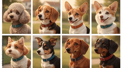 Eight Dog Portraits With Different Colorful Collars.