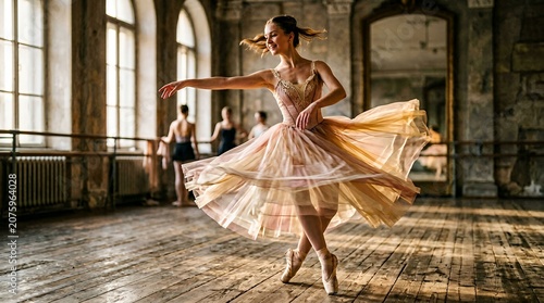 Elegant ballerina dancing gracefully in historic indoor space.
