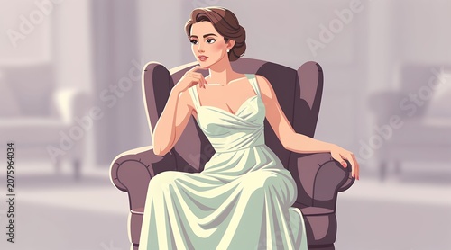 Elegant Woman in Green Dress Sitting Gracefully.