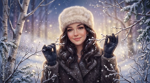 Elegant Woman in Knitted Hat and Fur Coat in Winter Forest.