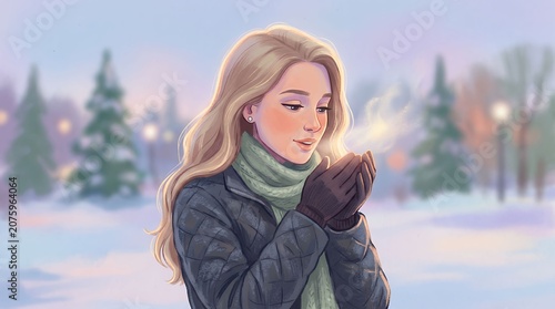Elegant Woman in Winter Landscape with Snowy Trees.