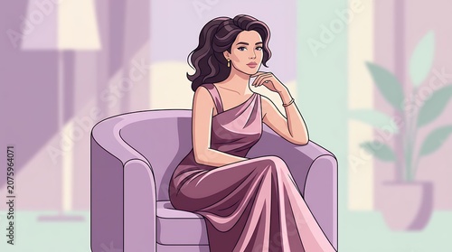 Elegant Woman Relaxing on Couch in Cozy Living Room.