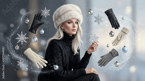 Elegant woman in winter accessories with gloves and snowflakes.