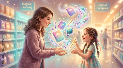 Enchanting Mother and Daughter in Magical School Supply Store.