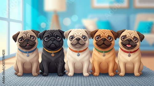 Five Adorable Pug Figurines Sitting Together.