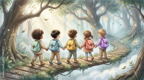 Five Children with Backpacks Crossing a Wooden Bridge in a Forest Adventure.