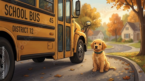 Friendly dog sitting beside a yellow school bus on a sunny autumn day.