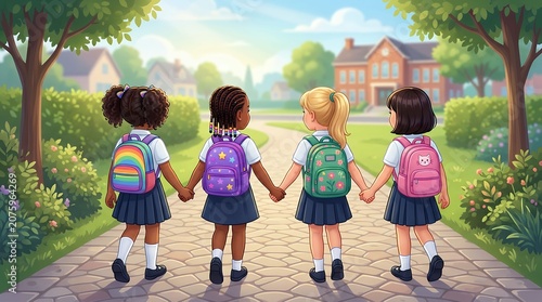 Four Young Students Holding Hands Walking to School on a Sunny Day.